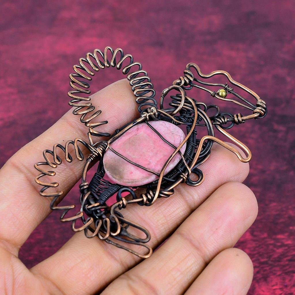 Thulite Gemstone Pendant Handmade Rabbit Jewelry Copper Wire Wrapped Pendant