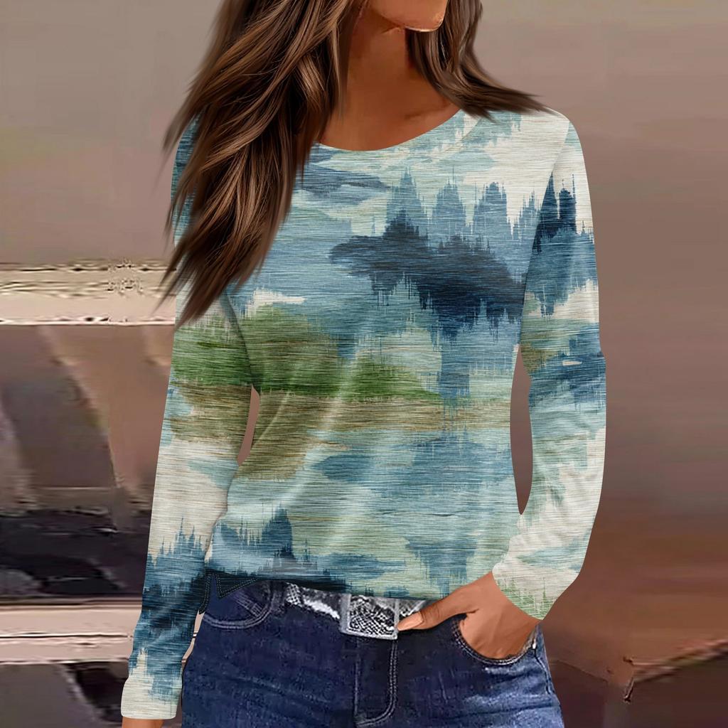 Damenmode Saum Schlitz Lässig Blumendruck Rundhals Langarm Top