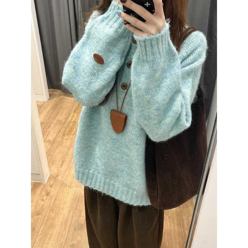 Plush button-up Henry collar knitted top women's autumn and winter temperament soft waxy shoulder sleeves loose sweater bottoming shirt