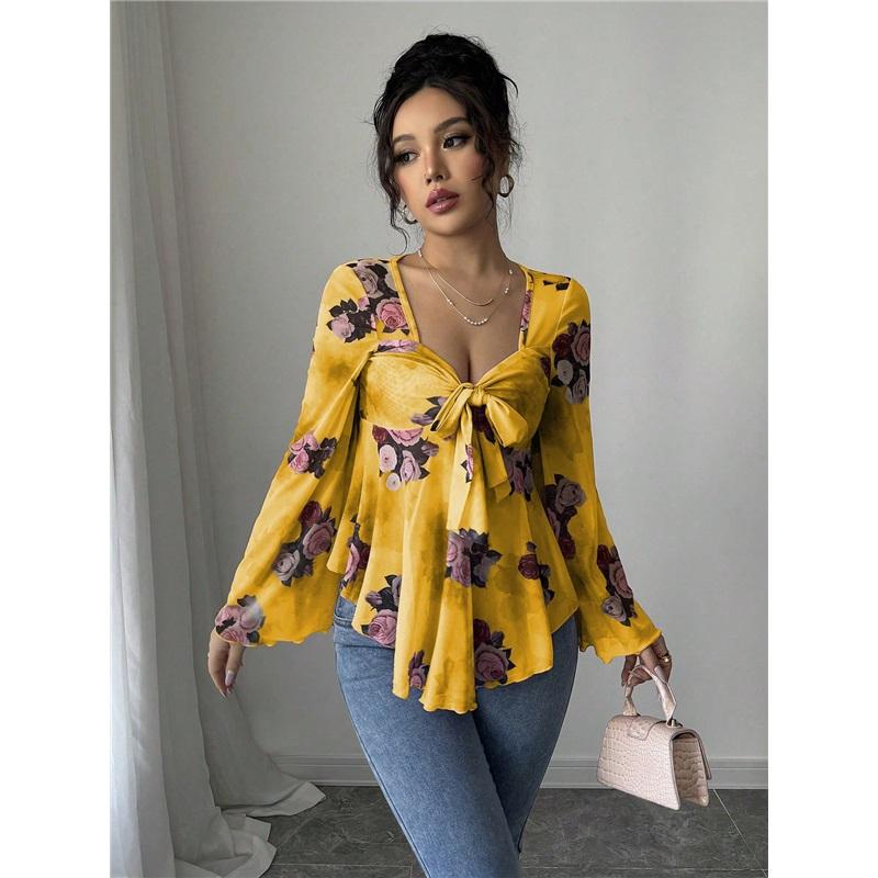 Women's Floral Print Bell Sleeve Peplum Top V Neck Tie Front Blouse