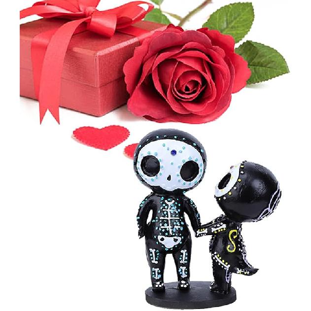 Sugar Skull Couple Figurine, Resin Crafts Cute Statue Skeleton Memorial Sculpture, Halloween Home Decor Collectible Figurines, Sugar Skull Gifts for
