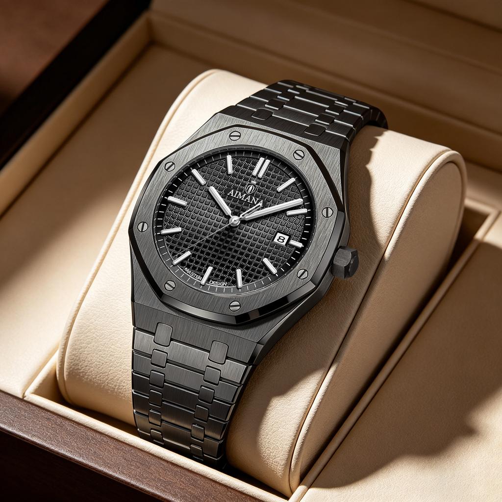 Men's Fashion Analog Quartz Wristwatch Octagonal Bezel Stainless Steel Band Calendar Dial Casual Dress Watch for Men