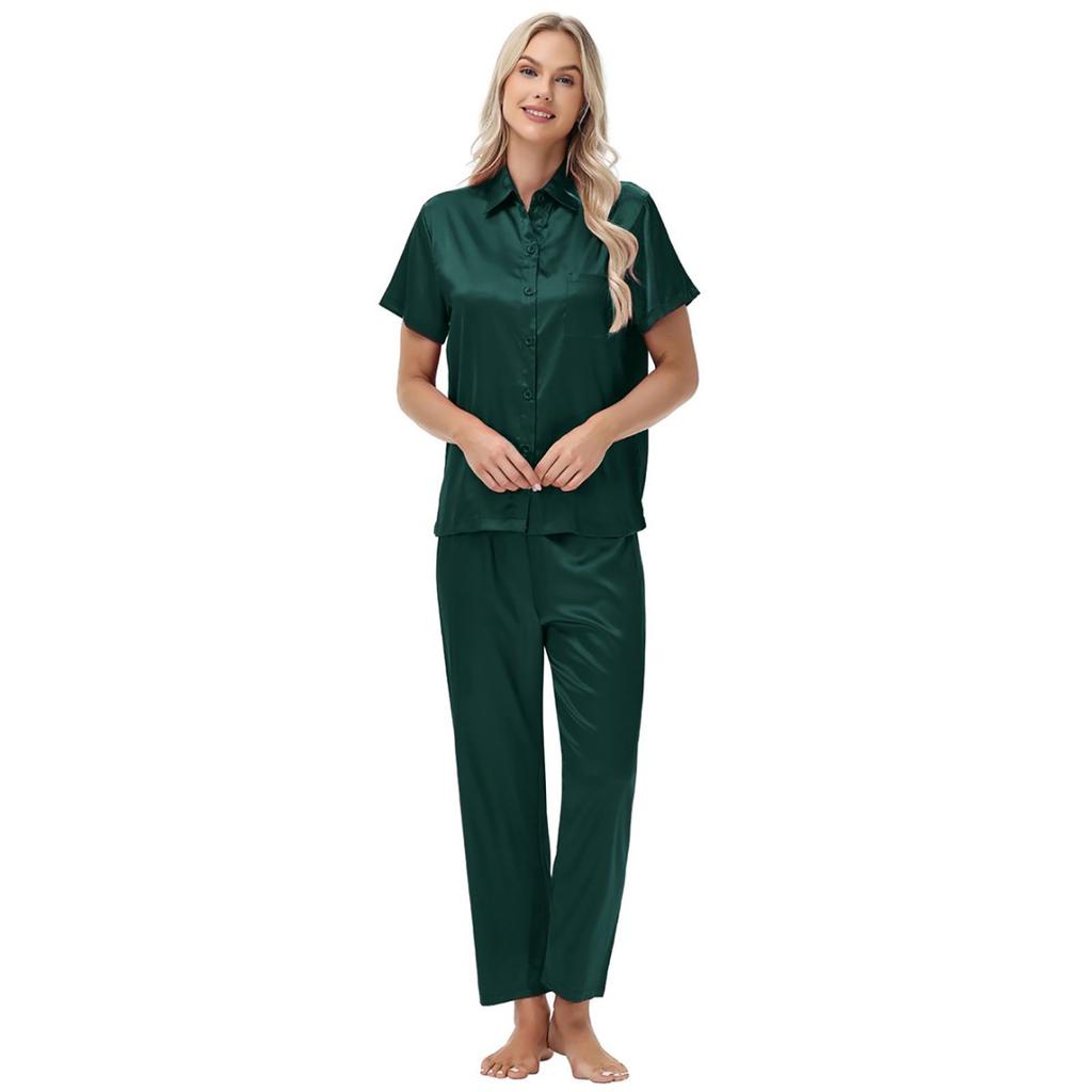 Shirt Ice Silk Pajamas Satin Suit Short Sleeve Long Pants Ladies Home Clothes