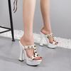 Damenschuhe, Sandalen, lässig, Nieten, einfarbig, dicker Absatz, Sandalen, sexy Nachtclub, 1106-Serie, 14 cm Absatz, 4 cm Plattform, LFD