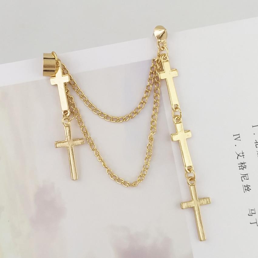 European and American Punk Style Double-Layer Cross Tassel Chain Ear Clips for Women