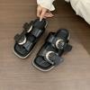 French casual belt buckle thick-soled cloth-covered cool slippers summer retro outer wear open-toed flat-bottomed casual one-word slippers