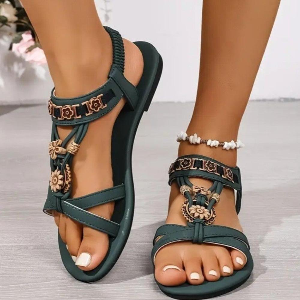 Fashion National Style Women's Flat Sandals Summer Comfortable Beach Shoes Woman Vintage Beaded Flower Decor Gladiator Sandals