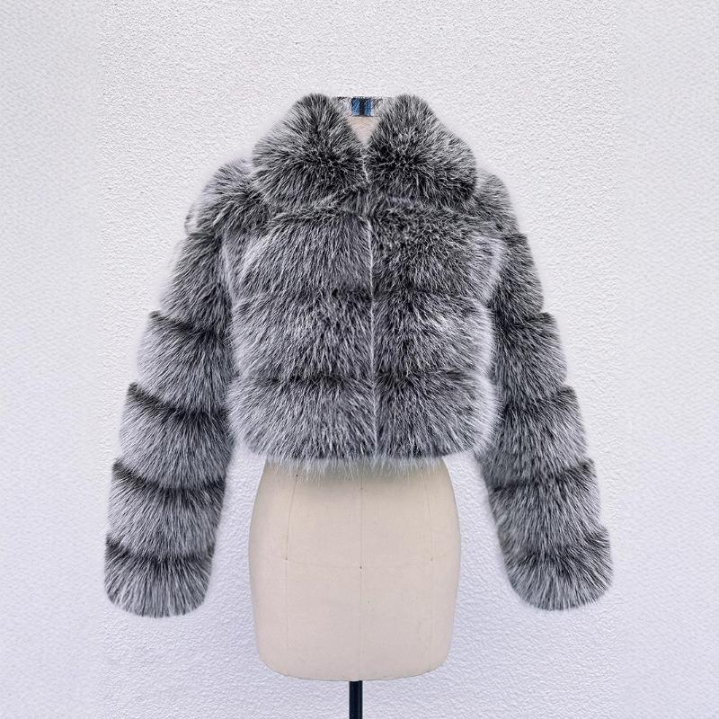 S-6X Short Imitation Fox Fur Jacket Women's Winter New Fashion Artificial Fur Splicing Crew Neck Coat