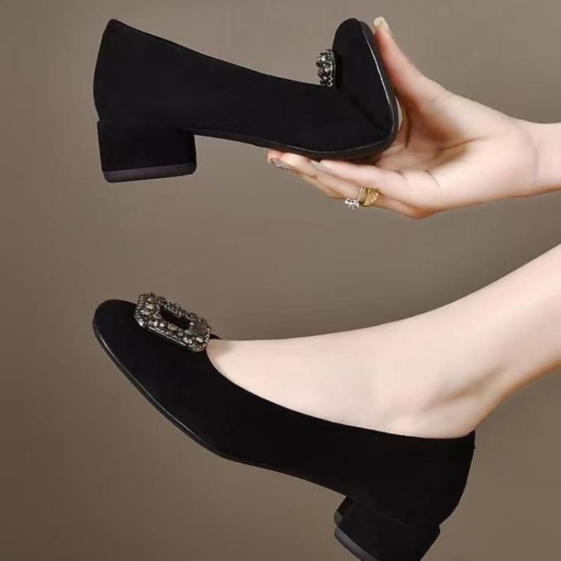 Low-heeled square-head rhinestone casual single shoes women's new autumn black light mouth temperament thick-heeled commuting shoes