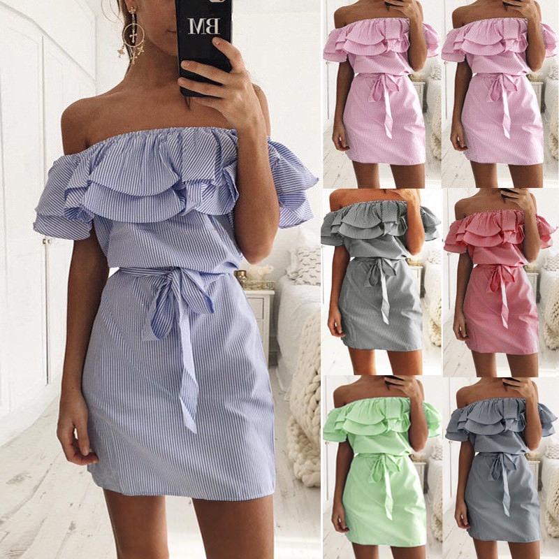 Premium Quality Women's Fashion Summer Casual Beach Mini Dress With Ruffle Off Shoulder Design