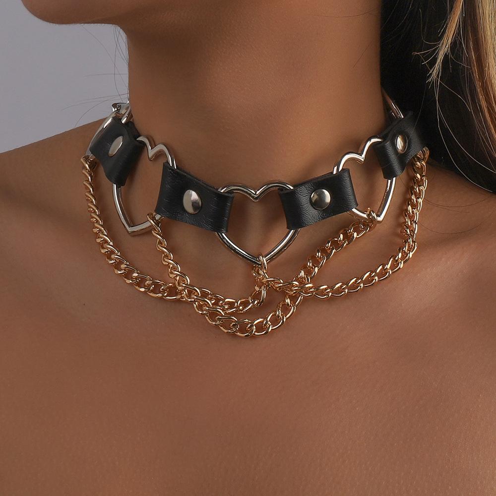 Women Hip Hop Punk Style Exaggerated Necklace Metal Texture PU Heart Jewelry Trendy Cool Personality Clavicle Necklace Jewelry