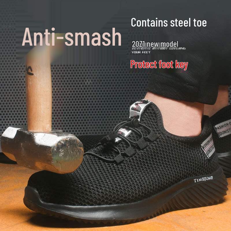 Men's Summer Flyknit Steel Toe Work Shoes, Breathable and Anti-Smash with Solid Sole