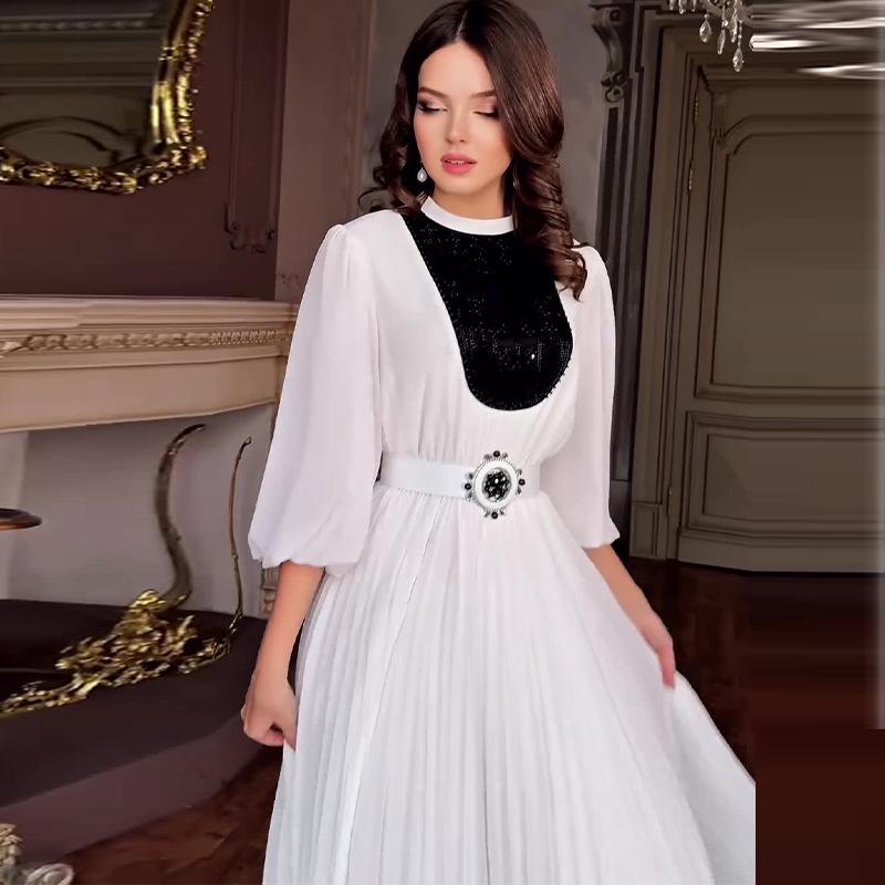 2024 Summer Women's Elegant Color Block Pleated Slim Dress