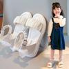 Girls Sandals Back Mesh Lace Bow Kids Princess Shoes Pleated Ins Trendy 2025 Summer New Girls Beach Shoes Soft Sole Non-slip