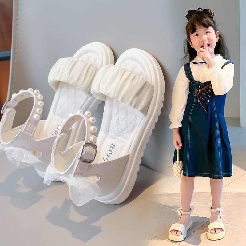 Girls Sandals Back Mesh Lace Bow Kids Princess Shoes Pleated Ins Trendy 2025 Summer New Girls Beach Shoes Soft Sole Non-slip
