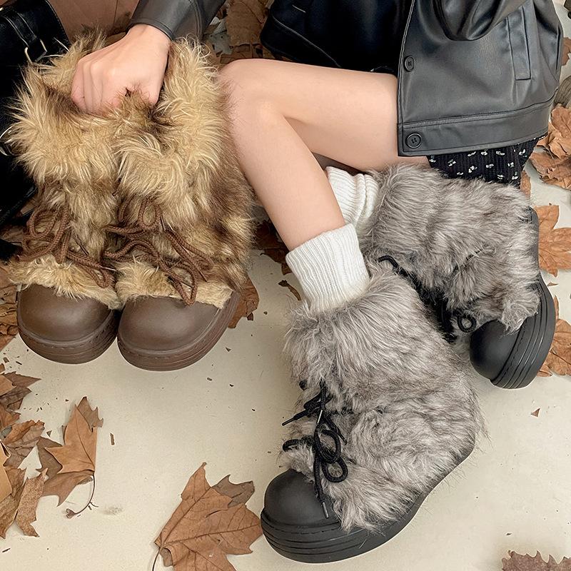 Plush Round Toe Women's Snow Boot Lace-Up Thick Bottom Keep Warm In Winter Women Boots Fashion Outdoors Young