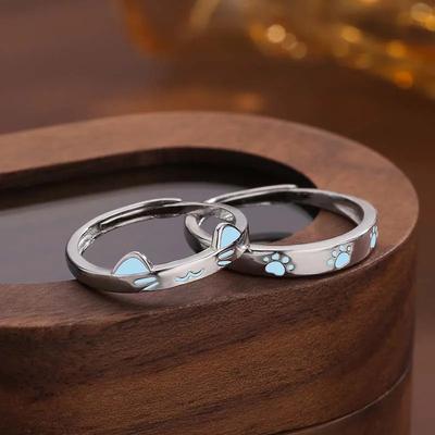 1/2Pcs  Blue Luminous Cat Dog Couple Rings Creative Glowing In The Dark Rings Jewelry For Men Women Valentine's Day Gift