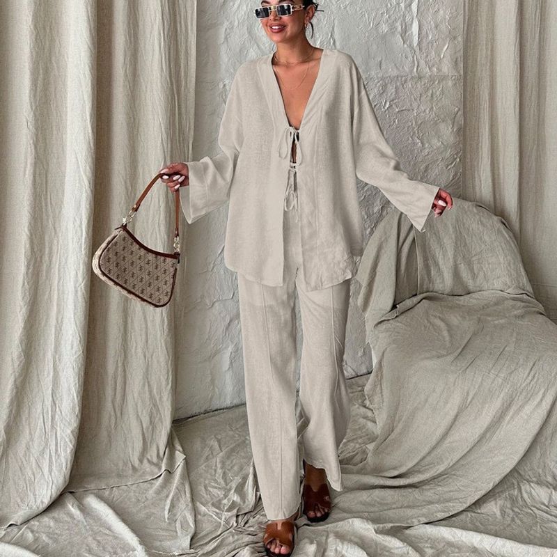 European and American Women clothes 2025 New Cotton Cardigan Lace-up Long sleeve Trousers Home Wear Loose Casual Two-piece Set Suit