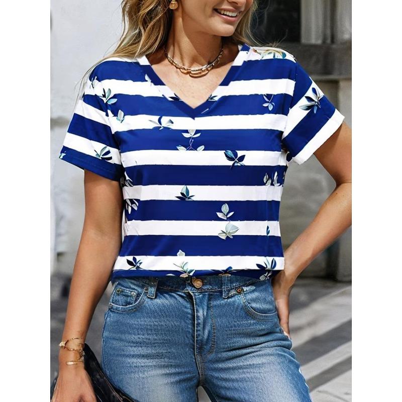 

Женские футболки с геометрическим рисунком, цветными блоками, модные, с короткими рукавами, V-образным вырезом, обычные топы, повседневные принты, летние повседневные топы 3XL