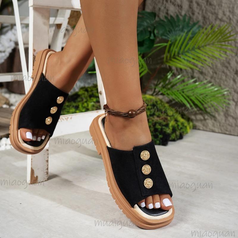 Fashion 2025 Fashion Ladies Shoes Peep Toe Women's Slippers Fashion Metal Decoration Daily Slippers Women Summer Plus Size Flat Slippers