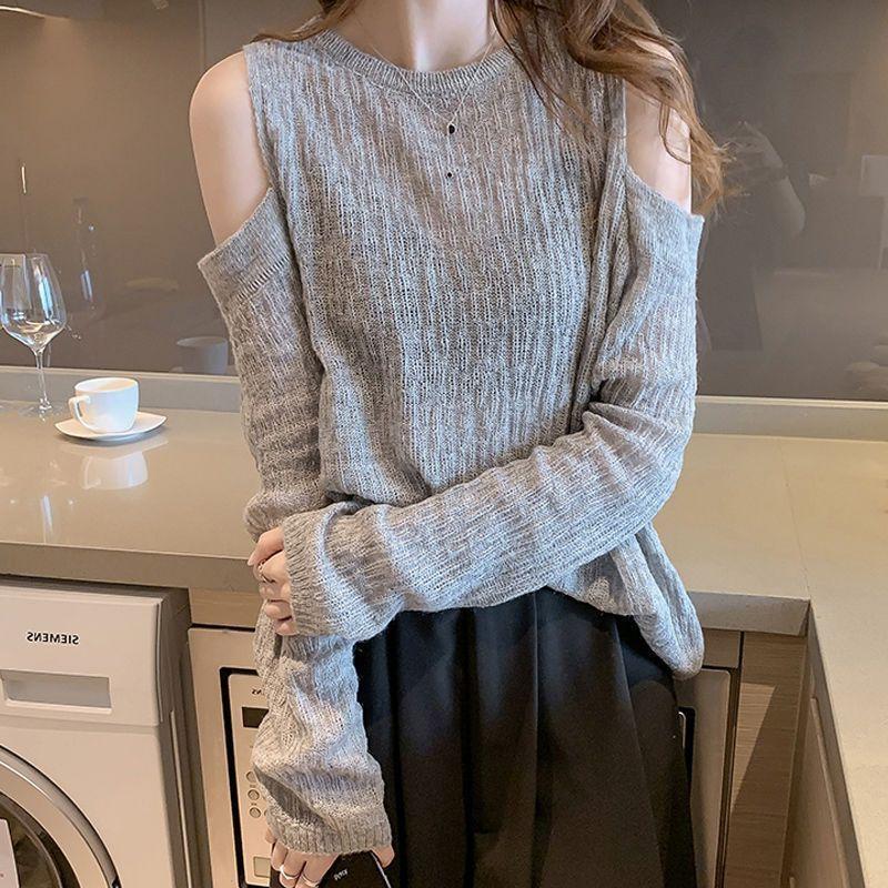 Off-the-shoulder Knitwear Loose Round Neck Pullover Long Sleeve Thin Hollow Out Top Spring Autumn Lazy Style
