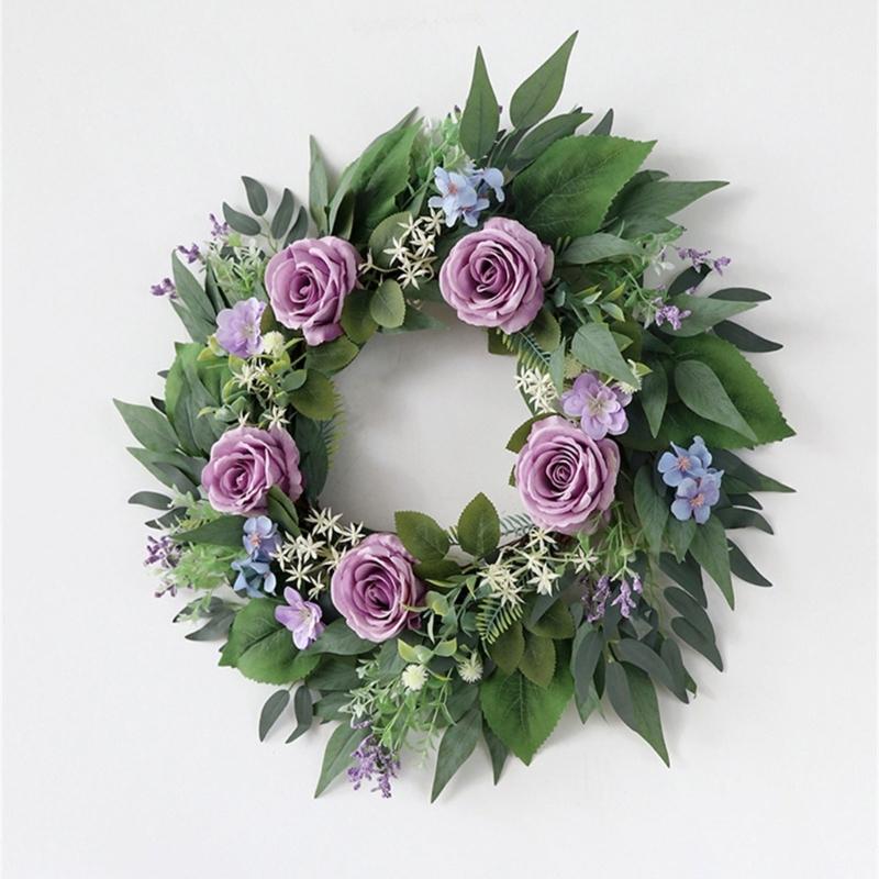 Artificial Flower with Leaf Realistic Purpler Rose Wreath Decoration for Door Window Hallway Farmhouses Wedding Wreath