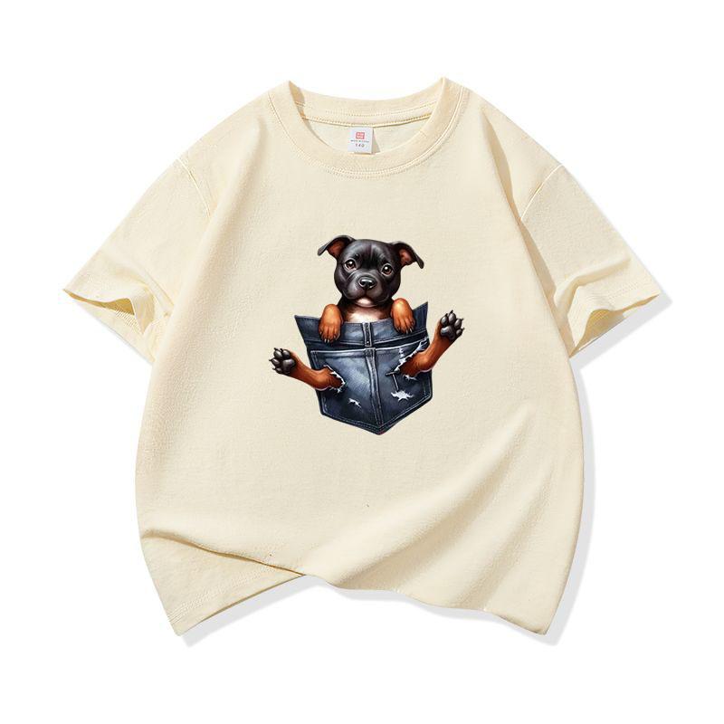 Kids Cotton T Shirt Adorable Pocket Staffordshire Dog Pattern Print Crew Neck Short Sleeve Tee Casual Boys Girls Summer Tops