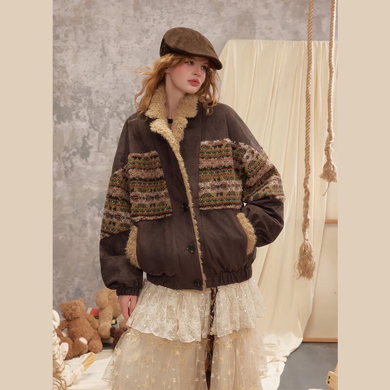 UNIFREE Vintage Fair Isle Suede Patchwork Lamb Fleece Jacket