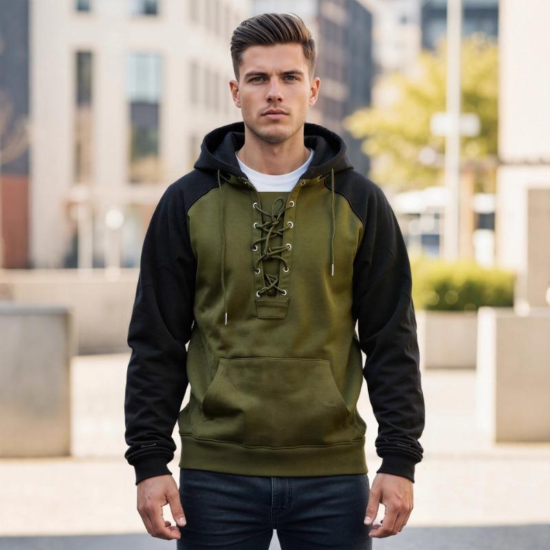 Men Autumn Lace Up Detail Raglan Hoodie S