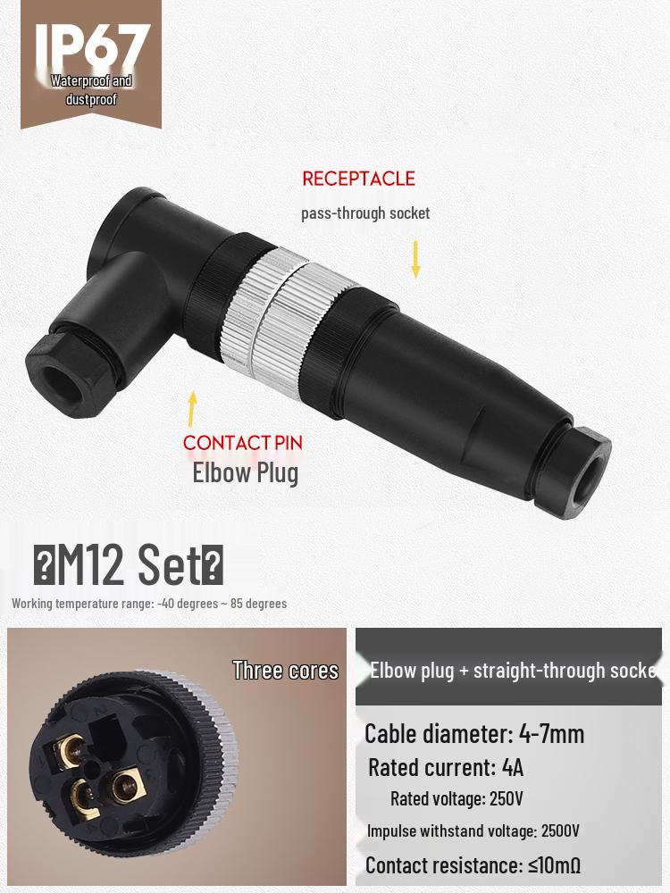 M12 Waterproof Sensor Connector: Male & Female Aviation Plug, 34-Pin, 5-Hole, 8P, Straight & Elbow, Three-Core Socket.