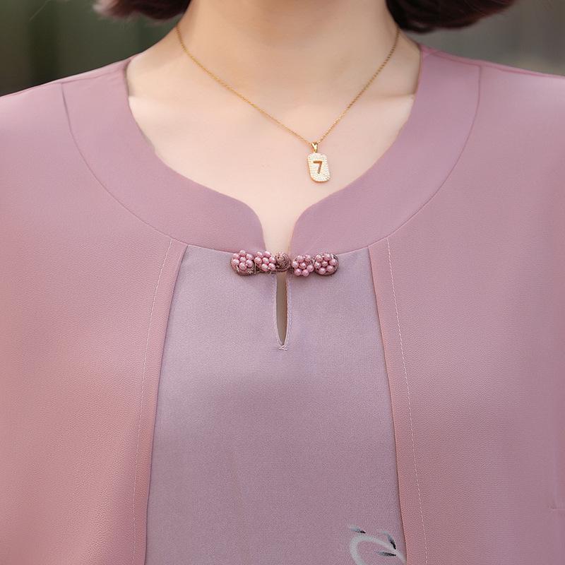 Letnia sukienka z szyfonu: Dwuczęściowy zestaw z krótkim rękawem dla kobiet w średnim wieku