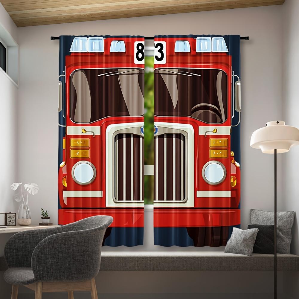 Set Of 2 Cartoon Fire Truck Curtains Print Design Black Red Fighting Vehicle Draperies Bedroom Kitchen Living Curtain Polyester Ideal For Decor