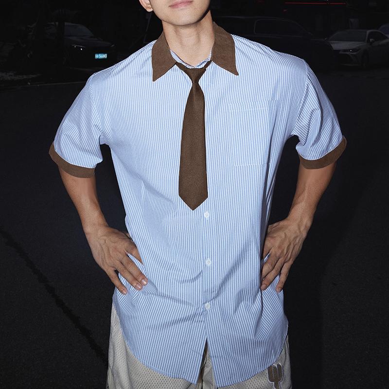 

INCERUN Oversized Men Tie Up Lapel Neck Short Sleeve Striped Casual Loose Shirts 5XL синий