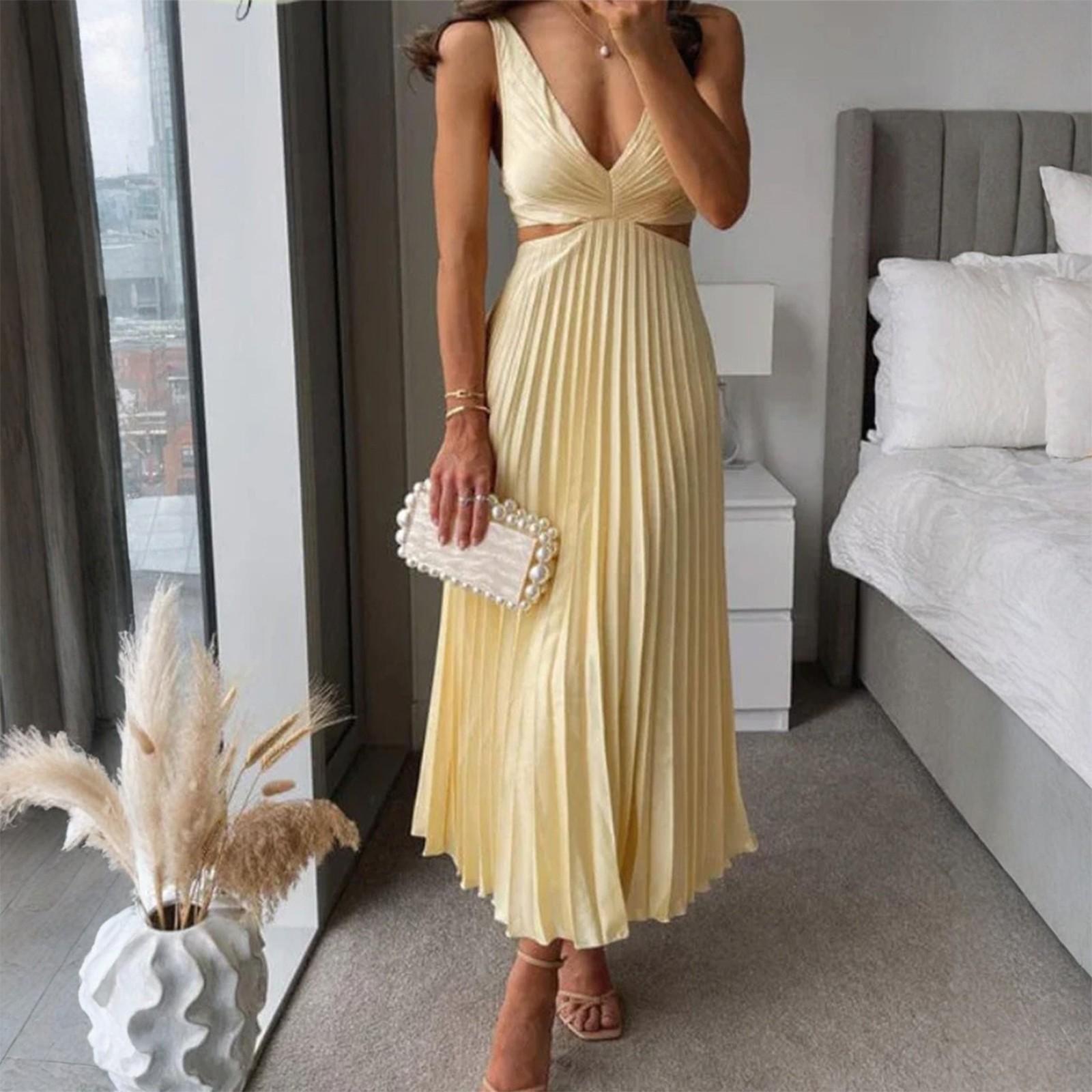 

Женское летнее модное и элегантное платье с V-образным вырезом, без рукавов, с вырезами, с открытой спиной, однотонное, плиссированное XL жёлтый