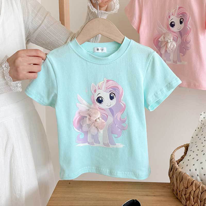 Girls' Casual Cotton Short-sleeved T-shirt, Summer Children's Cute Little Horse Printed T-shirt