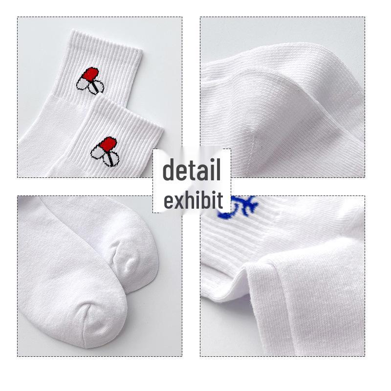 Women's Autumn White Medical Pattern Cotton Mid-Calf Socks - Simple, Versatile, High-Value.