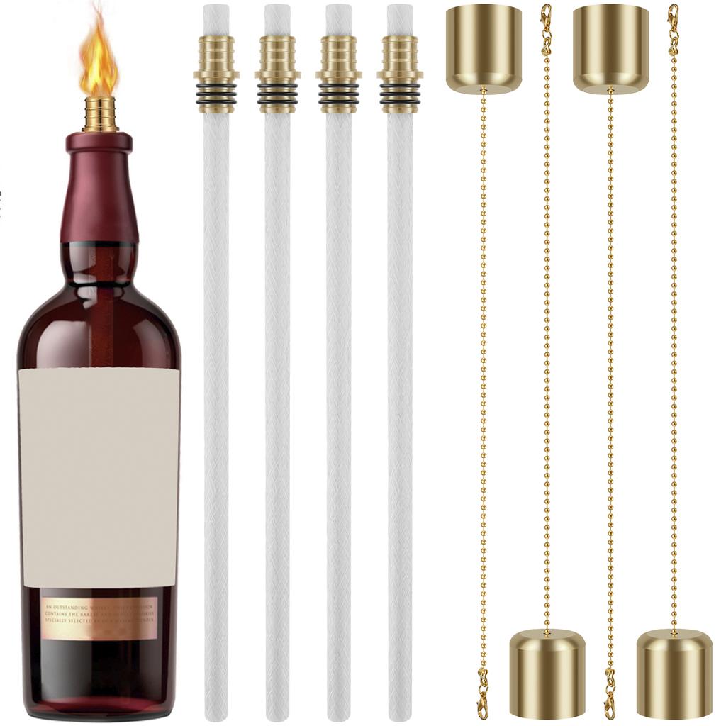 12Pcs Wine Bottle Torch Kit Garden DIY Wine Bottle Torch Décor with 4 Torch Wicks 4 Brass Torch Wick Holders and 4 Brass Covers