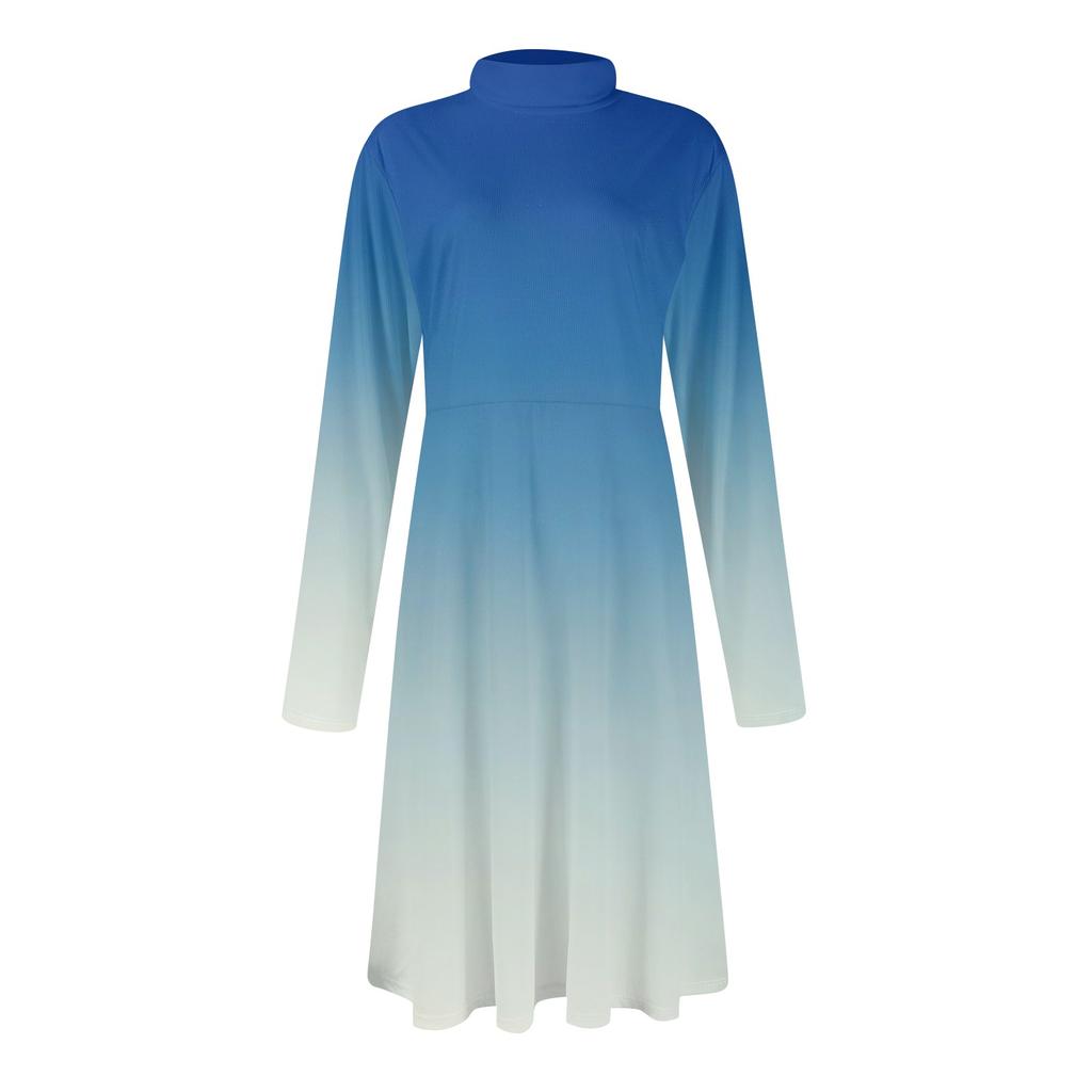 Women's Casual Fashion High Neck Long Sleeve Print Midi Dress