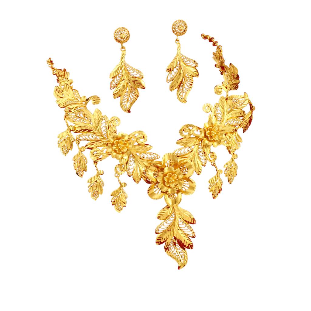 Luxury 24K 9999 Pure Gold Real Gold Women's Hollow Flower Leaf Necklace Earring Set