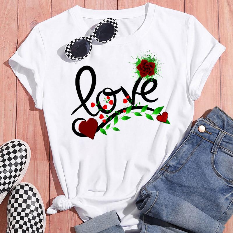 Sportswear Feminine Short Sleeve White Tshirt Clothes Heart Graphic Print T-Shirt Leisure Summer O-Neck Oversized Top Popular T