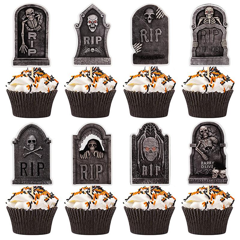 48/16Pcs Halloween Tombstone RIP Cupcake Topper Horror Skeleton Graveyard Gravestone Dessert Cake Toppers Halloween Party Decor