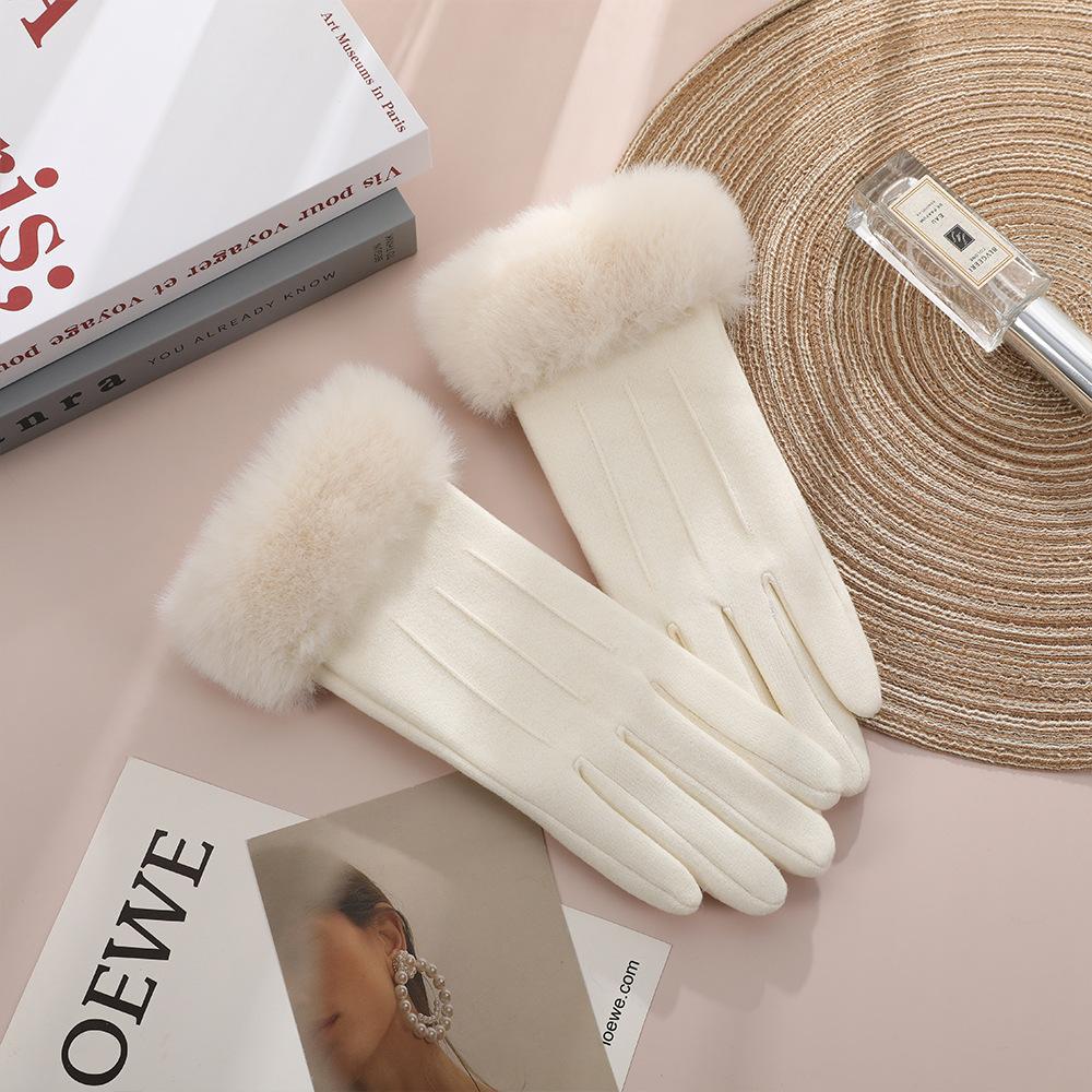 Warm Gloves for Women In Autumn and Winter Outdoor Riding Cold Proof Thickened Plush Velvet Cute Bow Develvet Touch Screen Gloves