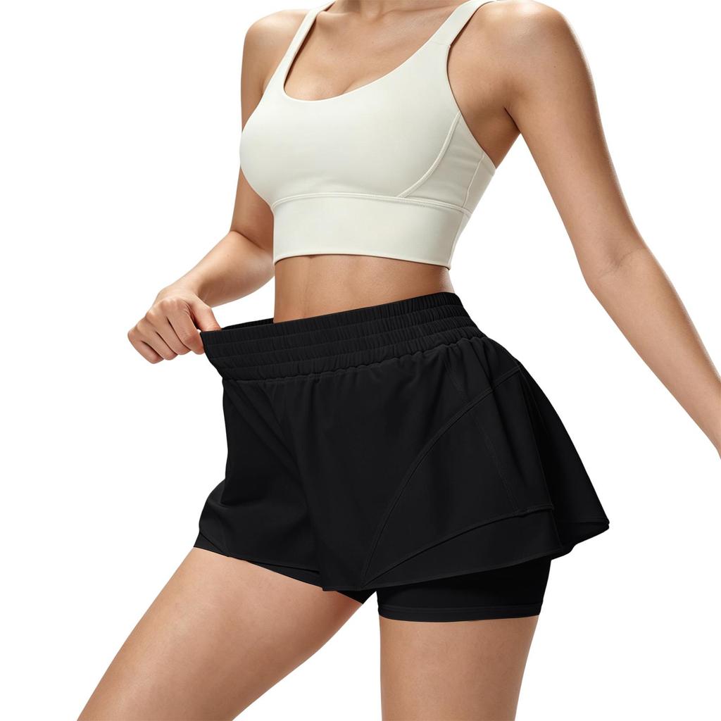 Hohe zweiseitige Sportshorts für Damen Dehnbar Schnelltrocknend Laufen Workout Yoga Skorts mit breitem Bund