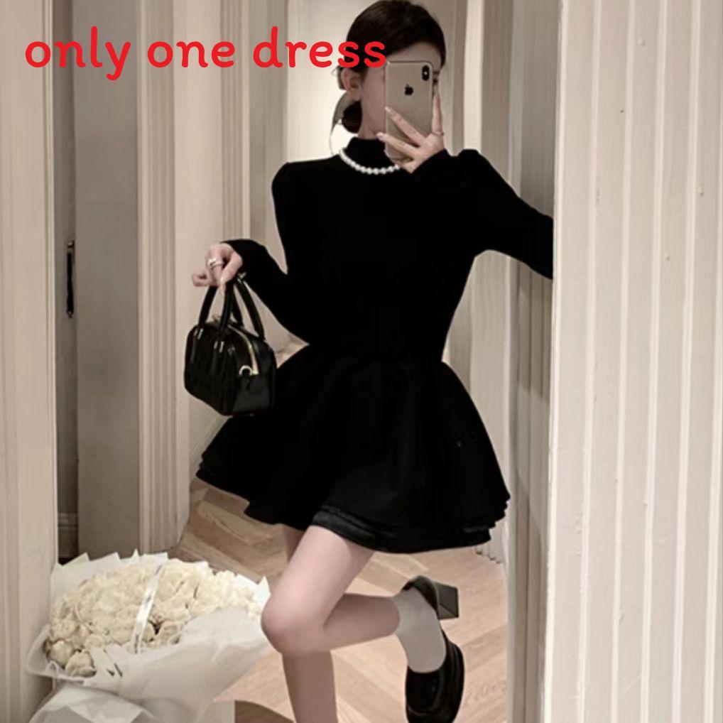Classic Black Knit Long Sleeve Dress With Flared Skirt For Business And Casual Wear