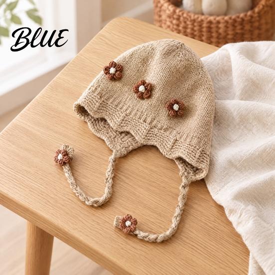 Fashionable Wavy Lace Brim Hat Baby Winter Woolen with Floral Decor Windproof Warm Knitted Toddler Girl Gift for Hat Ear Protection Cap Autumn