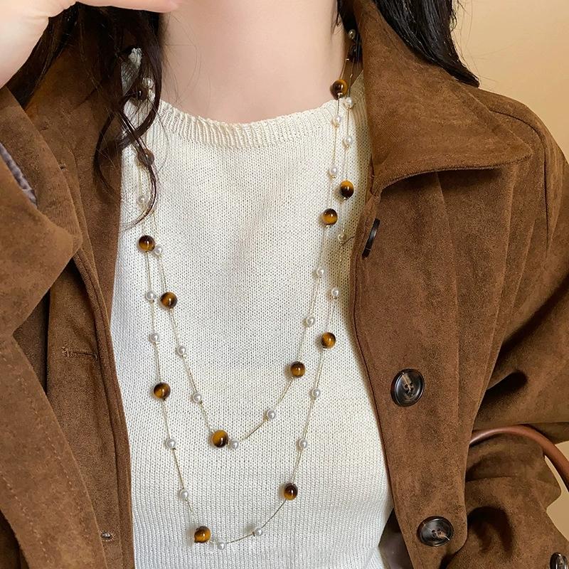 Trendy Vintage Tiger Eye Stone Pearl Bead Stacked Necklace For Women Fashionable Autumn And Winter Charm Jewelry