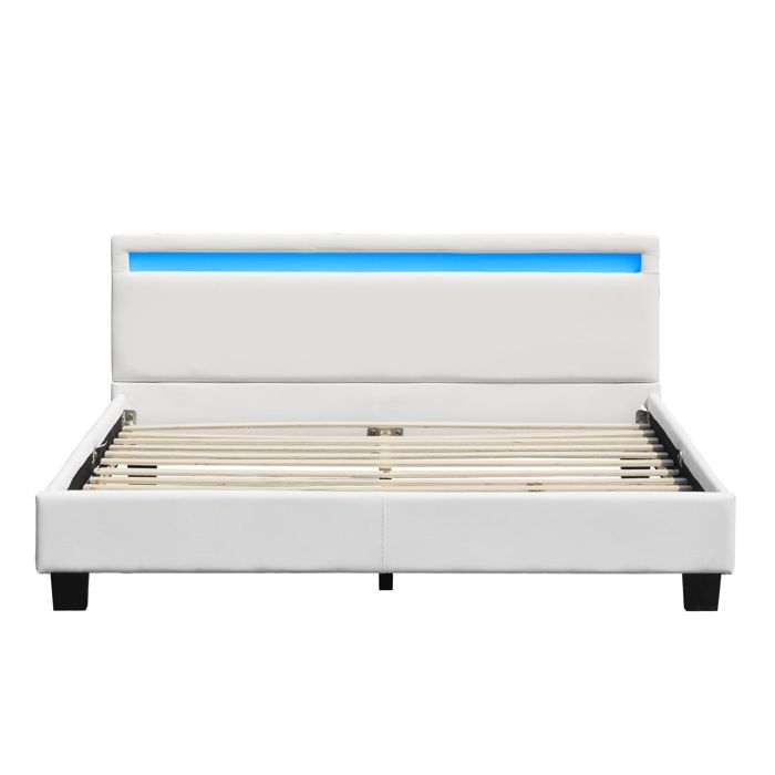 Angel - Solide et Confortable Lit 140x200 avec Sommier Tte de Lit avec Eclairage LED Couleur BLANC Pieds en