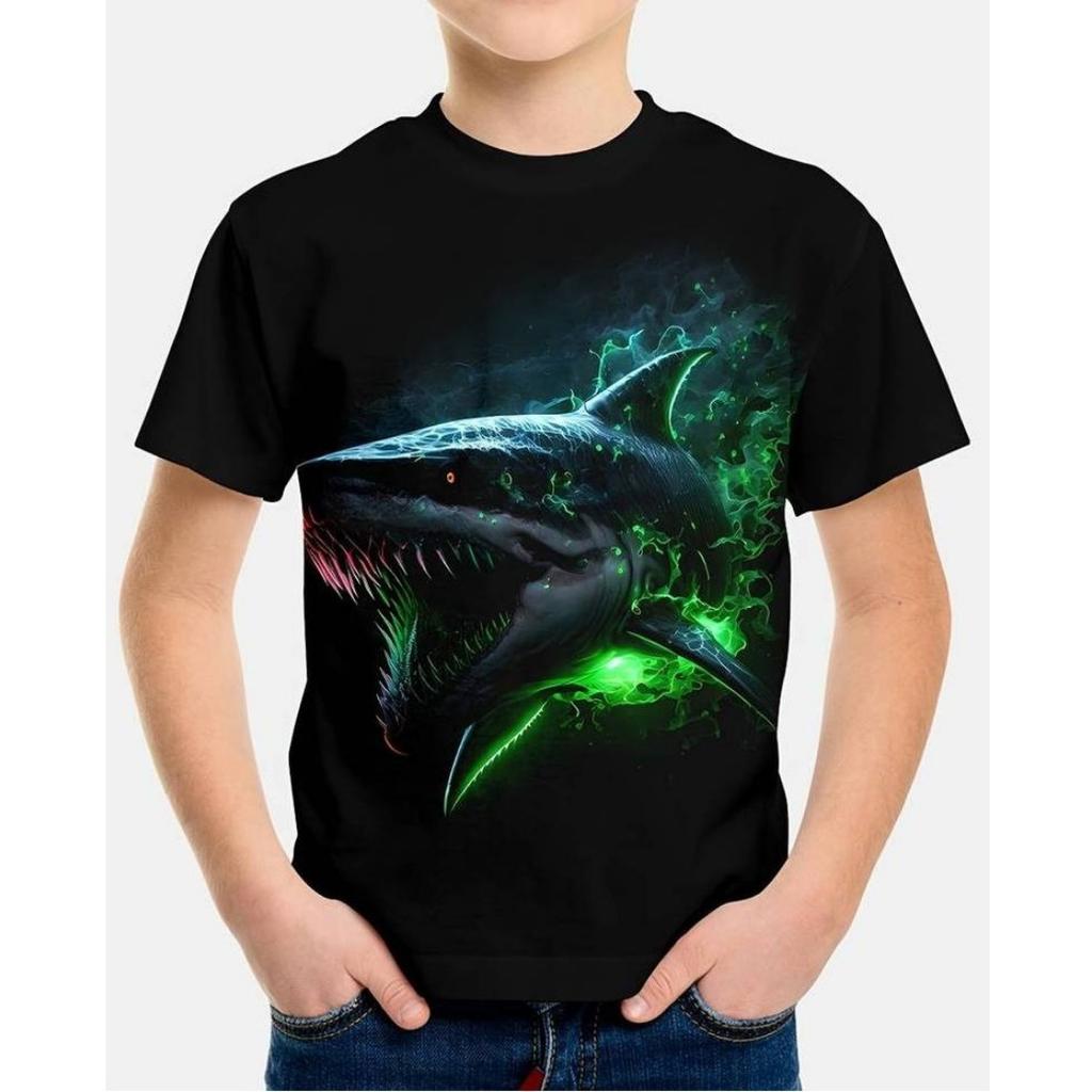 Shark 3D Printed T-shirt Short Sleeved Round Neck Top Breathable Summer Sports Casual Children's Boy T-shirts
