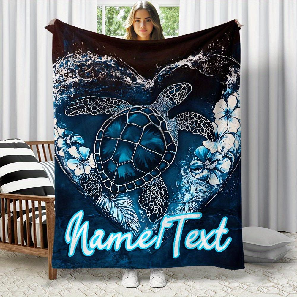 

Personalized Sea Turtle Blanket Name Ocean Art Floral Design Soft Fleece Throw Beach Gift Home Decor Nature Theme 75x100cm