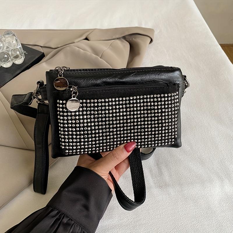 Rhinestone-Studded Shoulder Bags for Women Zip Closure Trendy Small Square Ladies Clutch Bag Small Crossbody Bags for Women